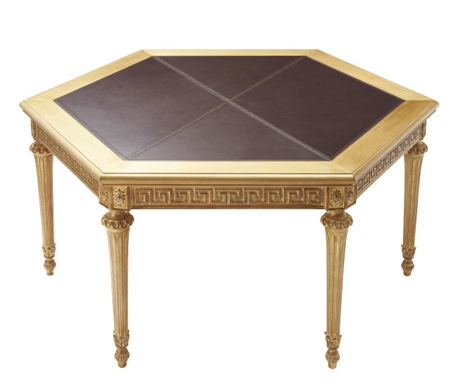 Hexagonal dining table with classic Grecian fretwork, top with leather embedding